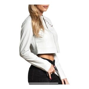 Affliction “Laila” cropped Leather Studded White Zipper Front Jacket